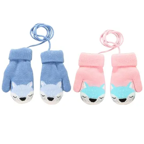 VEGCOO 2 Paar Kinderhandschuhe, Warme Fäustlinge für 1-3 Jahre, Blau + Rosa