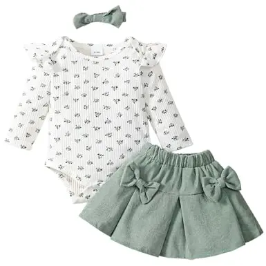 Borlai Baby Mädchen Kleidung Langarm Floral Strampler mit Rüschen und Stirnband Outfit Set