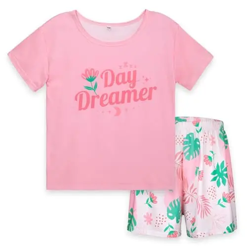 MHJY Mädchen Schlafanzug 2-teiliges Set mit Kurz-Shirt und Shorts, Größe 4-5 Jahre, Sommer Nachtwäsche