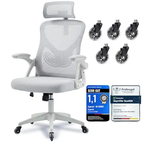 Ergoreal ergonomischer Mesh-Bürostuhl für Home Office, verstellbare Lenden- und Kopfstütze, klappbare Armlehnen, stabile Gasfeder bis 140 kg