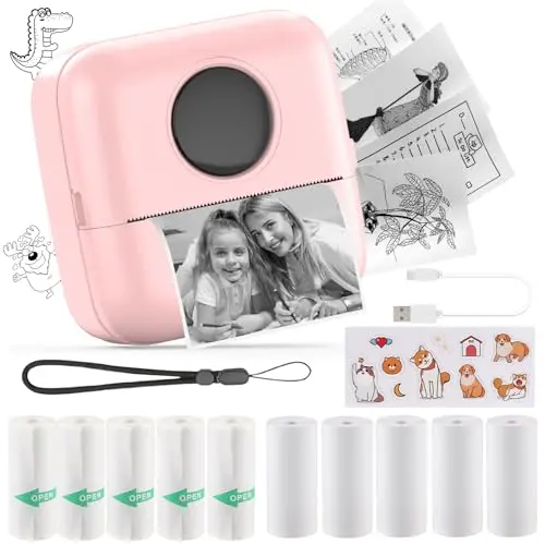 HuiJuKeJi Mini Fotodrucker für Smartphone, Taschen-Drucker für Notizen und Erinnerungen (Pink)