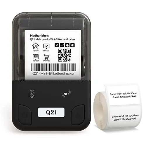 Madhurlabels Q21 Tragbarer Bluetooth-Etikettendrucker für kleine Unternehmen, inklusive 40 × 30 mm Etiketten