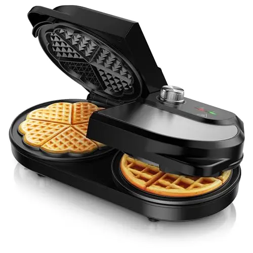 Arendo Waffeleisen doppelt - Belgische Waffeln in Herzform - 1400 W - Schwarz/Edelstahl
