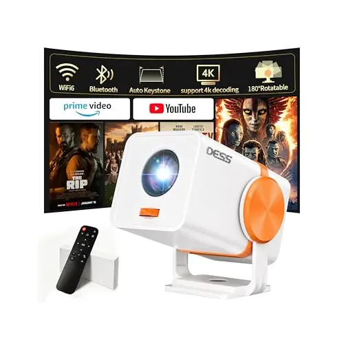 Mini 4K Beamer, tragbar, 180° drehbar, für Handy & unterwegs, Weiß/Orange