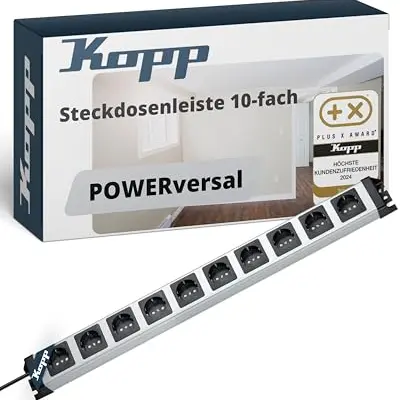 Kopp POWERversal 10-fach Steckdosenleiste Silber-Schwarz - Mehrfachsteckdose mit erhöhtem Berührungsschutz