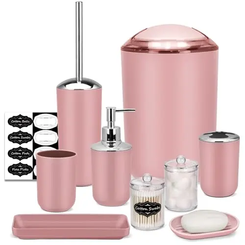 IMAVO Badezimmer-Zubehör-Set – 8-teilig, rosa mit Mülleimer, Seifenspender, Seifenschale, Zahnbürstenhalter, WC-Bürste, Qtip-Halter