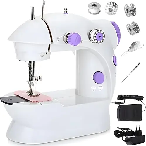 Retoo Mini-Nähmaschine 230V mit 2 Geschwindigkeiten und Fußpedal, tragbares Nähset in Weiß