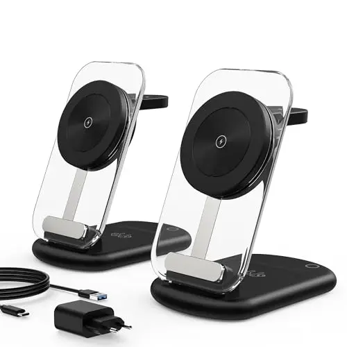 3 in 1 MagSafe Wireless Charger - 15W Induktive Ladestation für iPhone, iWatch und AirPods, Schwarz, 2er Pack