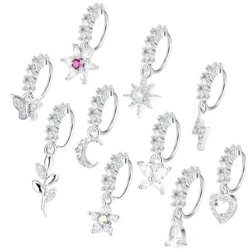 Yolev 10er Set Nasenring Septum Piercing mit Anhängern in Silber - Schmetterling, Herz, Stern, Mond