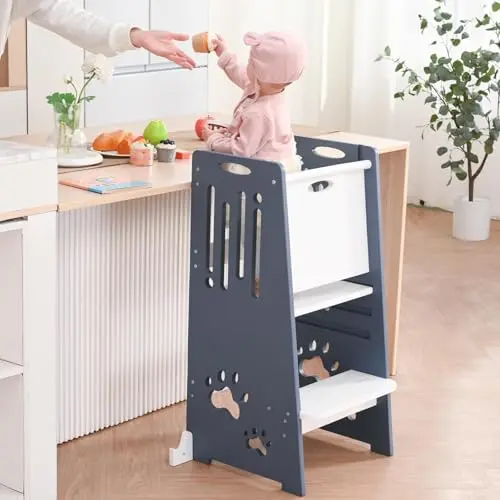 Kleinkind Tritthocker, höhenverstellbar, mit Sicherheitsbarriere und Kippschutz – stabil, blau-weiß, ab 1 Jahr