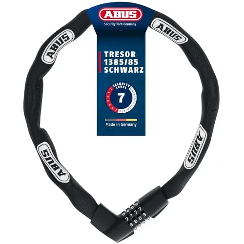 ABUS Kettenschloss Tresor 1385 – Zahlenschloss mit 7 mm Vierkantkette – Sicherheitslevel 7 – 85 cm – Schwarz