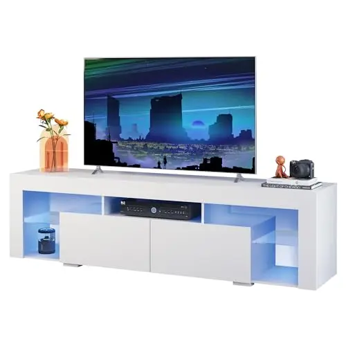 WLIVE 160 cm LED TV Schrank in Weiß, modernes Möbelstück für 50-70 Zoll Fernseher, mit 2 Schubladen und RGB-Beleuchtung
