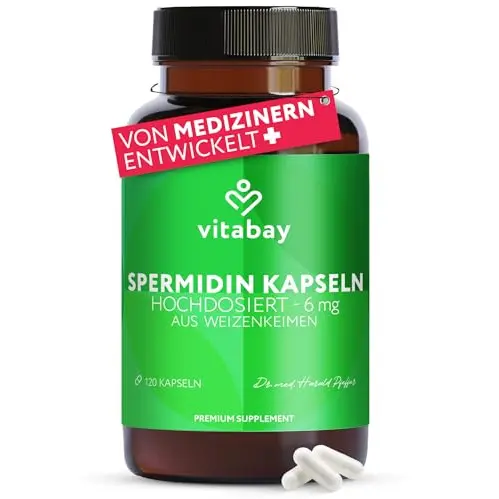 Vitabay Spermidin 6 mg – Hochdosiert, 120 vegane Kapseln mit Weizenkeimextrakt – Natürlich, Laborgeprüft, ohne Zusatzstoffe, für 4 Monate