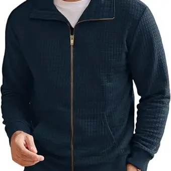 Runcati Herren Zip-Up Jacke Casual mit langen Ärmeln, Einfarbig, Leicht, Marineblau, XL