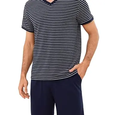 Bresdk Herren Pyjama Set Kurzarm Sommer Baumwolle V-Ausschnitt Nachtwäsche Marineblau Grau