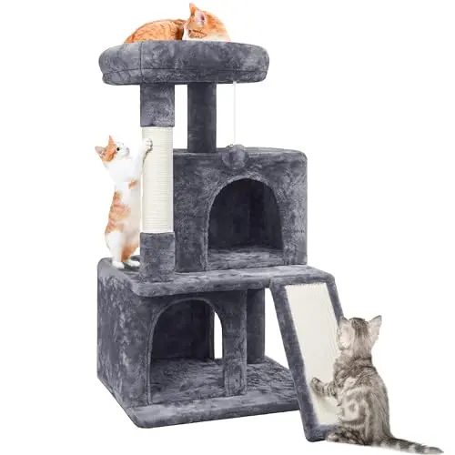 Yaheetech Kratzbaum 91 cm für Katzen mit 2 Häuschen und Spielball, Dunkelgrau