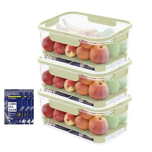 ZgoEC 3er Set Tragbare Kühlschrankbehälter mit Griff für Lebensmittel, luftdicht, mit Divider und Eis-Packs