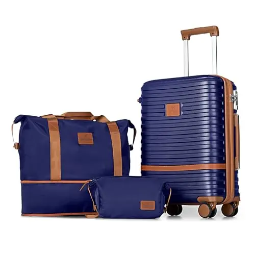 Joyway Reisekoffer Kofferset aus ABS, erweiterbar, mit TSA Schloss und 4 Rollen, inkl. Reisetasche und Kulturbeutel, Marine Blau