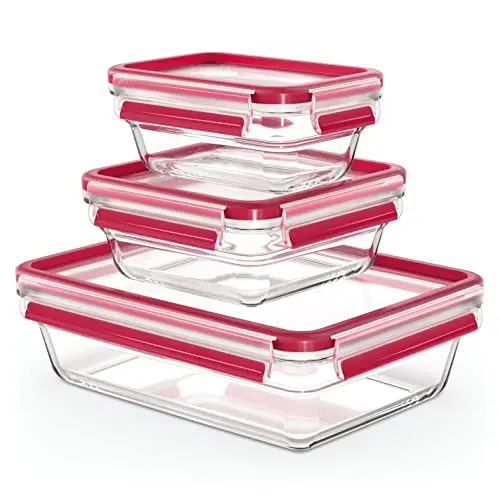 EMSA Clip & Close Glas Frischhaltedosen-Set, rechteckig, 0,45 - 2 L, 100% dicht, spülmaschinen-, gefrier-, backofen-, mikrowellenfest