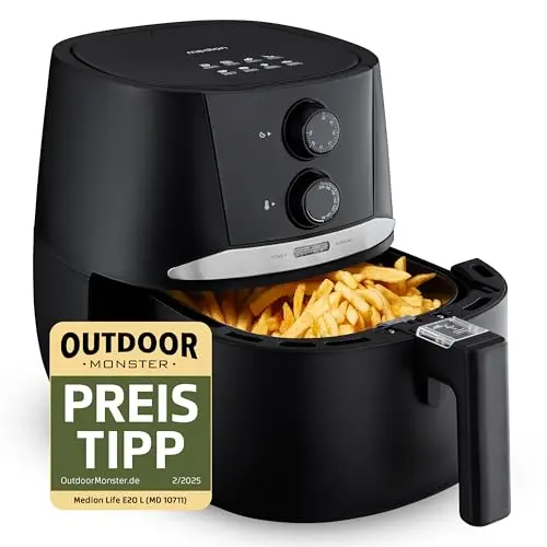 MEDION E20 L Heißluftfritteuse, 3,2 Liter, 1400 Watt, ölfreies Frittieren, 30 Min Timer, schwarz