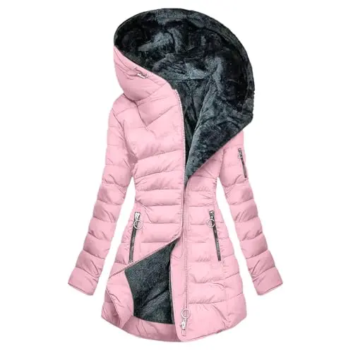 KOG Damen Winterjacke Baumwolle Daunen Pufferjacke, Warm, Sport, Elegant, Strickjacke, Kapuzenjacke, Softshell, Wollmantel, Rosa, Größe L