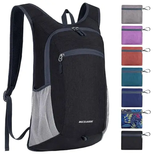 BECOJADDE 15L Faltbarer Rucksack - Leichter, wasserfester Tagesrucksack für Damen und Herren, ideal für Wandern und Reisen, Schwarz