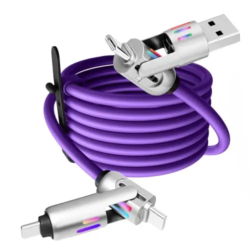 4-in-1 Multi USB Ladekabel 240W PD, Lightning, USB-C & USB-A, Nylon, RGB LED, 1,2 m, violett