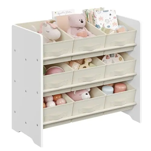 SONGMICS Kinderregal mit 9 Aufbewahrungsboxen, Spielzeug- und Bücherregal, wolkenweiß