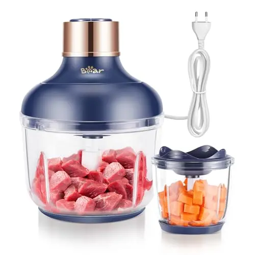 Bear Zerkleinerer 0,6L + 2L, Elektrisch, 2 Geschwindigkeitsstufen, mit Edelstahlklingen, Glasbehälter für Fleisch, Babynahrung, Obst & Gemüse