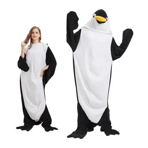 SHUOJIA Krokodil Decke mit Ärmeln und Hut für Erwachsene und Kinder, Tragbare Flanell Pyjamas, Penguin-Black, M