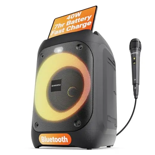 Tragbarer Bluetooth Partybox Lautsprecher | 40 W | 7 Std. Akku | Karaoke mit Mikrofon und Xtra Bass | OAKCASTLE PS100