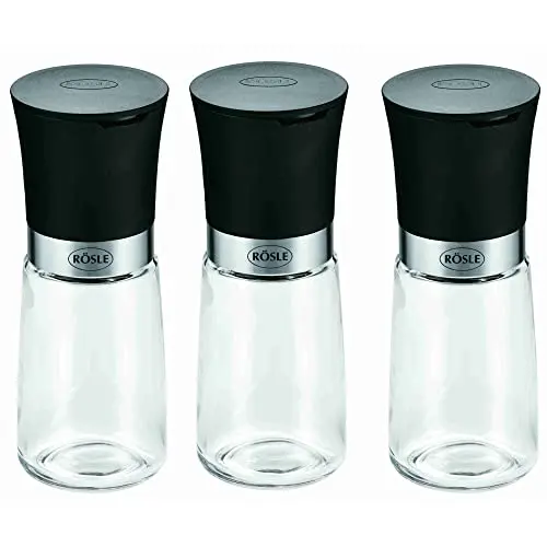 RÖSLE Gewürzmühlen-Set 3-tlg, Salz- und Pfeffermühlen mit Keramikmahlwerk, 14 cm, Transparent / Schwarz