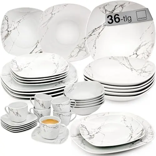Kombiservice Bilgola Marmor, 36-teilig für 6 Personen, Geschirrset mit Speise-, Dessert-, Suppentellern, Müslischalen, Kaffee- und Untertassen