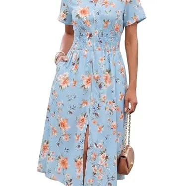 Grace Karin Damen Sommer Blumenkleid mit Taschen, A-Linie, V-Ausschnitt, Hellblau, Größe M