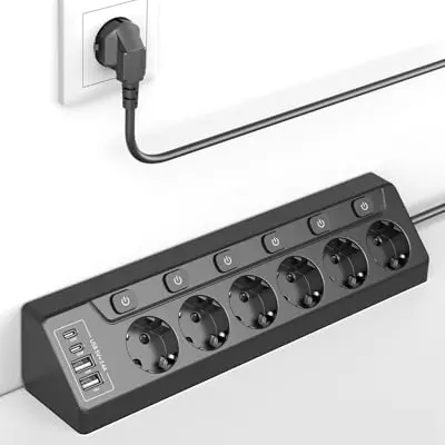 6-fach Steckdosenleiste mit 4 USB (USB-C & USB-A), Überspannungsschutz, berührungssicher, 2m Kabel für Haushalt & Büro