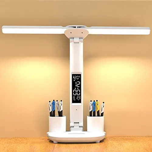 YNDD 7W LED Schreibtischlampe für Kinder, dimmbar, kabellos mit Uhr und Kalender, 3 Lichtfarben, weiß