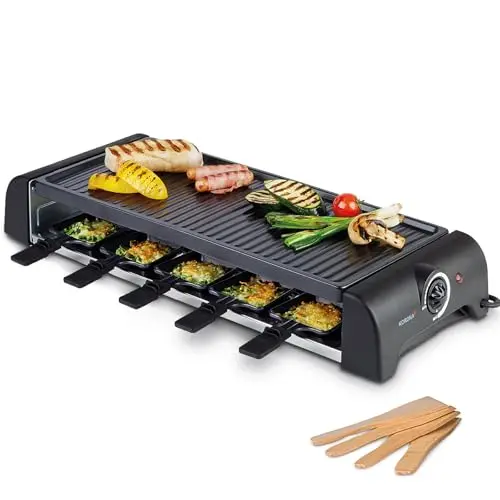 Korona Raclette für 10 Personen | XXL mit 10 Pfannen & Holzspateln | Grillplatte mit Antihaftbeschichtung | 1500 Watt