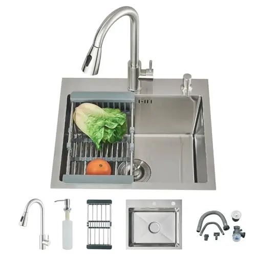 Multifunktionale Küchenspüle mit Wasserhahn und Seifenspender, gebürstetes Finish (50 x 45 cm)