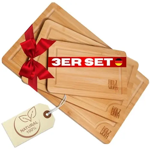 Holzwurm Schneidebrett 3er Set - Holzbrett mit Saftrillen, ideal für Frühstück und leicht zu reinigen