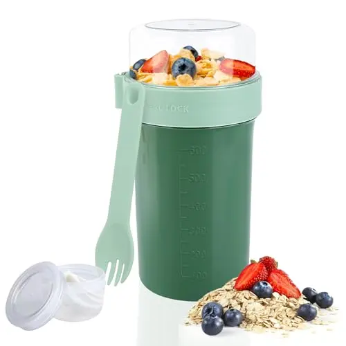 RISVOWO Müslibecher To Go, Joghurtbecher mit Löffel, 760ml + 230ml, Grün