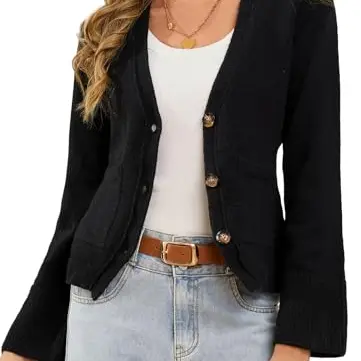 Damen Strickjacke Vintage V-Ausschnitt Langarm Cardigan mit Knöpfen und Taschen - Elegant Schwarz M