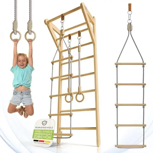 Juskys® Sprossenwand für Kinder mit Klimmzugstange und Turnringen - Klettergerüst fürs Kinderzimmer