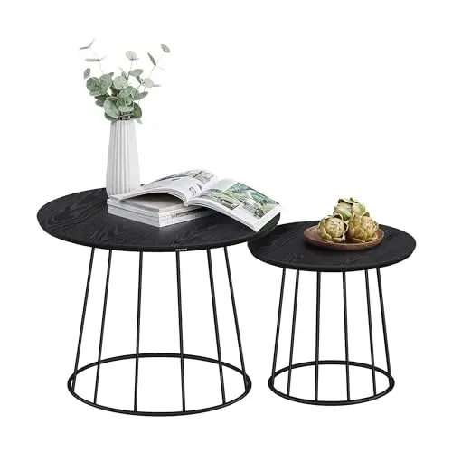 VASAGLE 2er Set runder Couchtisch, modern, mit Stahlgestell, ebenholzschwarz
