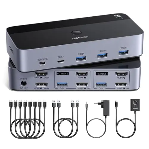 UGREEN HDMI KVM Switch 2 PCs 2 Monitore 8K/60Hz 4K/240Hz mit USB 3.0 Ports - Kompatibel mit Windows, Linux und MacOS