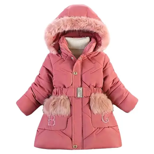 Tilozs Mädchen Winterjacke mit abnehmbarer Fellkapuze, rosa, Größe 140-146