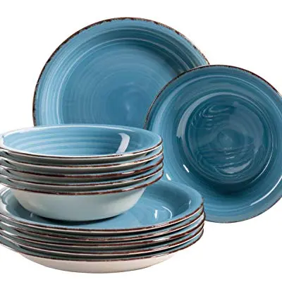 MÄSER Bel Tempo II Teller-Set für 6 Personen, 12-teiliges Tafelservice, handbemalt, Dunkelblau