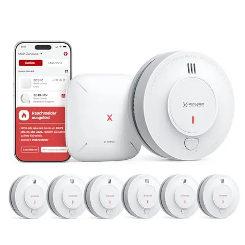 X-Sense WLAN-Rauchmelder mit 10-Jahres-Batterie und Basisstation, TÜV-zertifiziert, vernetzbar, 6 Stück