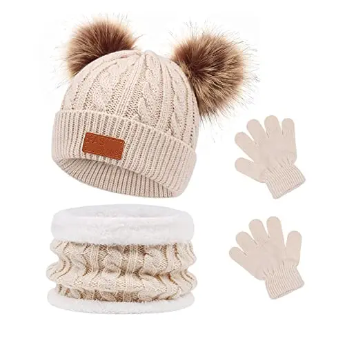 Waylipun 3-in-1 Kinder Wintermütze, Schal und Handschuhe Set für Jungen und Mädchen (1-5 Jahre) - Beige