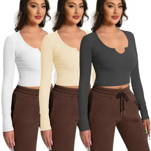 EBANKU 3er-Pack Damen Crop Top – Langarm, V-Ausschnitt, lässig & Basic