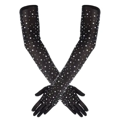 Lusofie Lange Schwarze Handschuhe mit Strass - Damen Kostüm Zubehör für Hochzeiten, Partys und Halloween